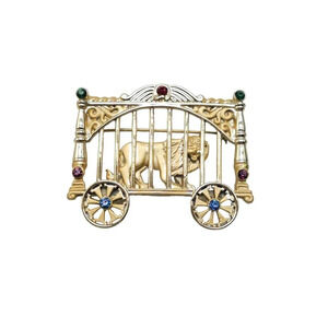 AJC Rhinestones Lion in Circus Wagon Cage Brooch Pin Gold Tone Vintage